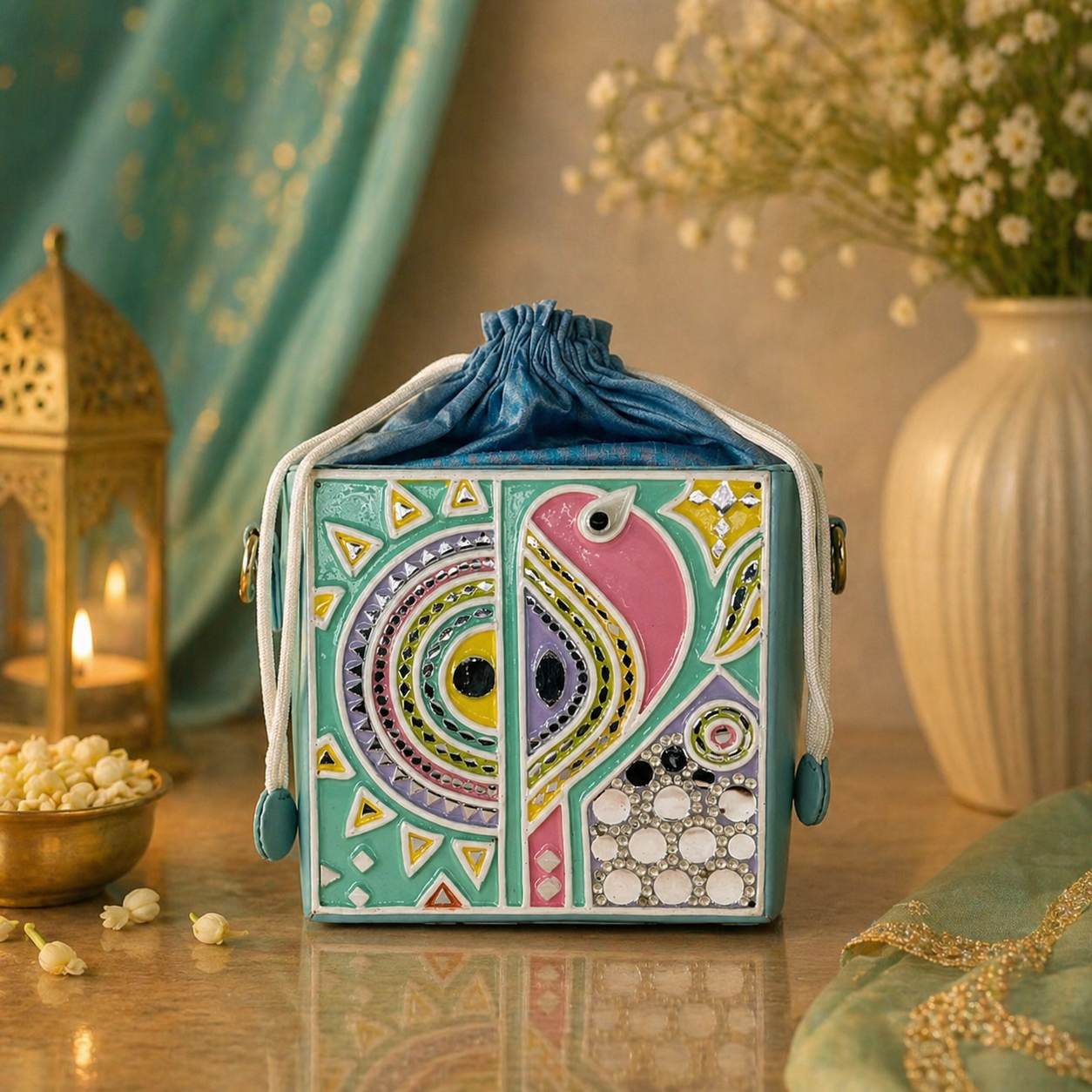 The Teal Bird Potli | Lippan Art Potli Bag