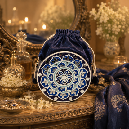 The Indigo Mandala Potli | Lippan Art Drum Bag