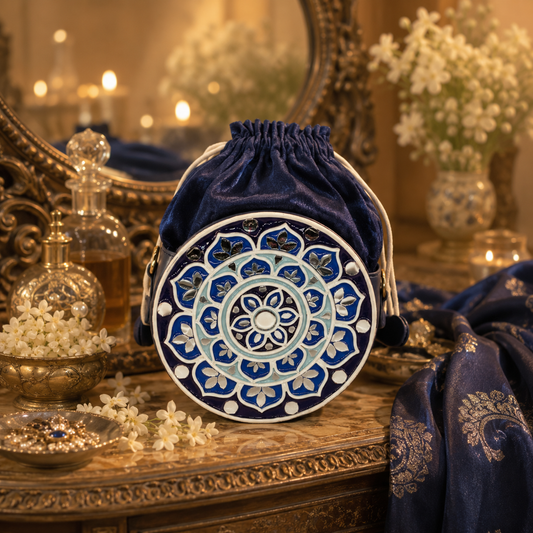 The Indigo Mandala Potli | Lippan Art Drum Bag