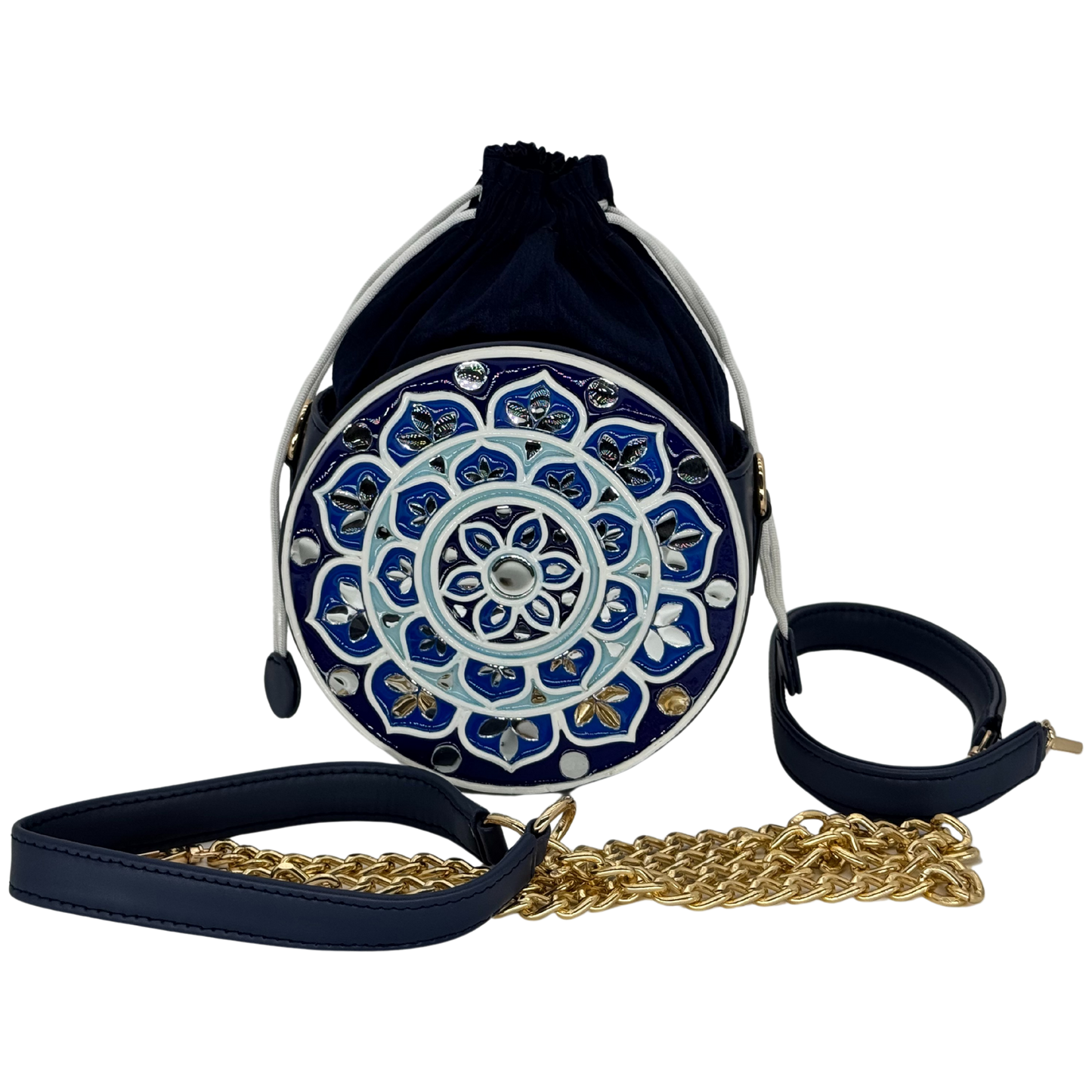 The Indigo Mandala Potli | Lippan Art Drum Bag