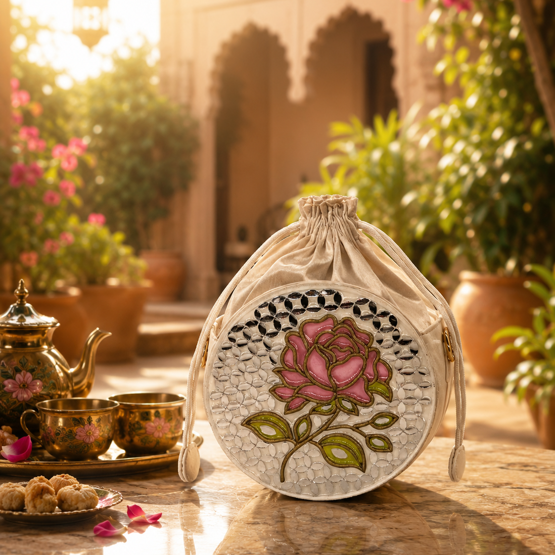 The Rose Garden Potli | Lippan Art Drum Bag